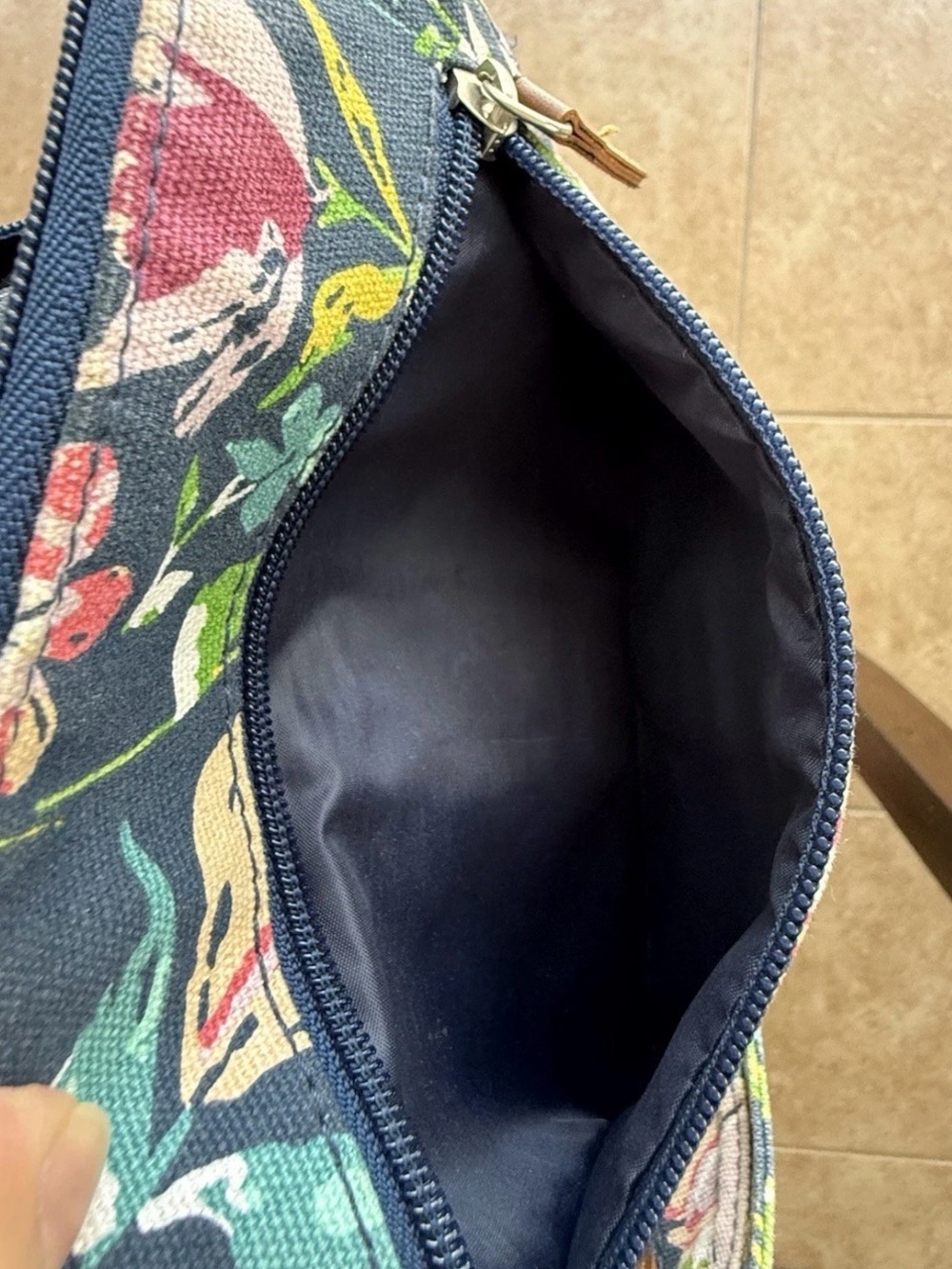 Floral Canvas Crossbody Shoulder Bag Navy Pink Multi Pocket Adjustable Strap - Picture 7 of 7